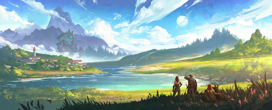 奇幻风景山川湖泊蓝绿唯美插画电脑壁纸