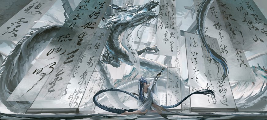 青龙少女持剑书法卷轴蓝白奇幻电脑壁纸