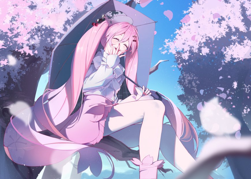 粉色长发少女撑伞樱花飞舞粉紫动漫电脑壁纸