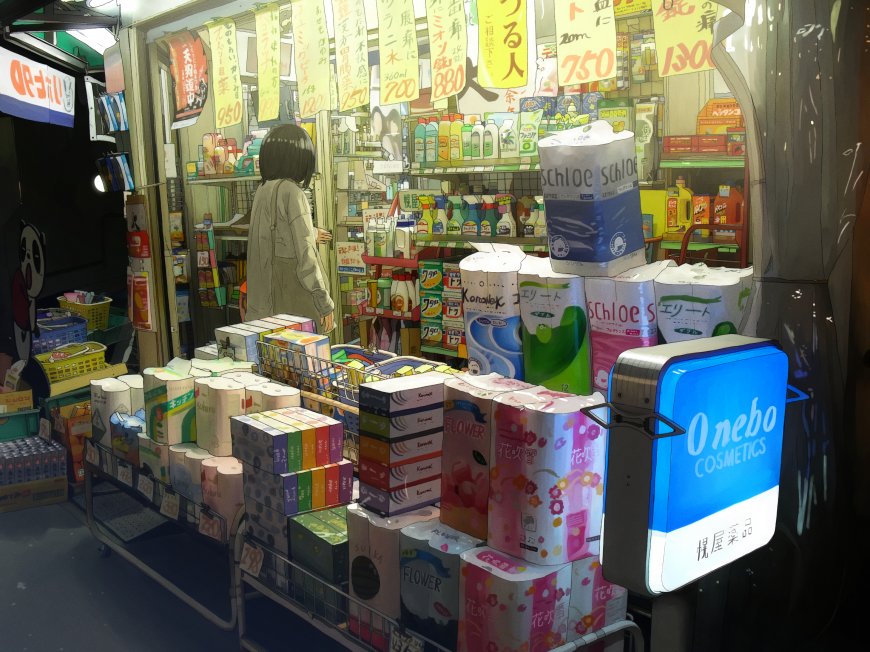 便利店夜市少女驻足暖黄动漫电脑壁纸