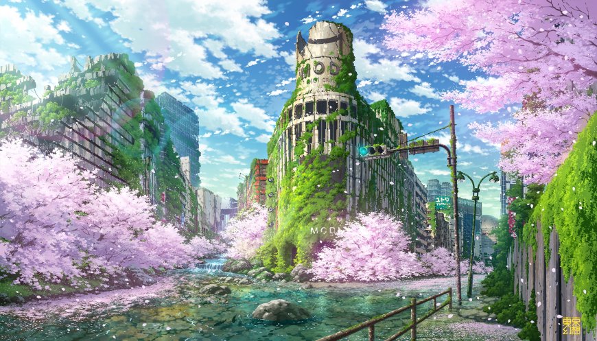 樱花溪流废墟城市粉绿奇幻插画动漫电脑壁纸