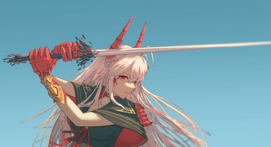 银发红角少女持剑斩击蓝白动漫电脑壁纸