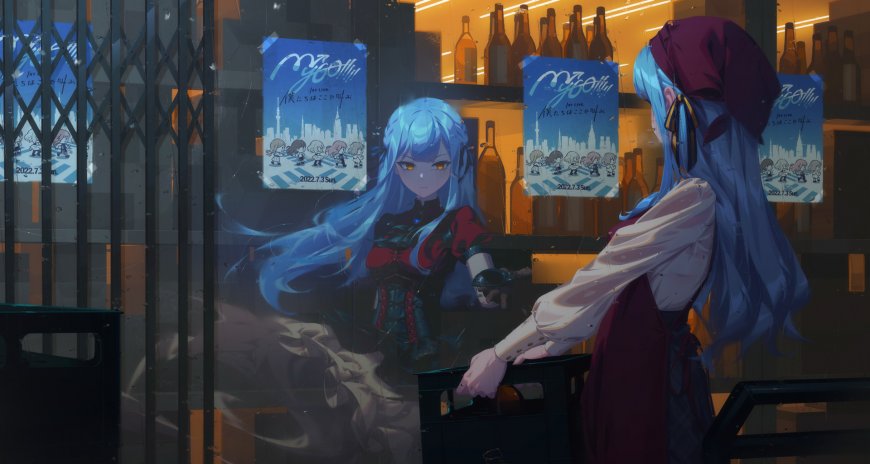 蓝发少女酒吧橱窗倒影蓝紫动漫电脑壁纸