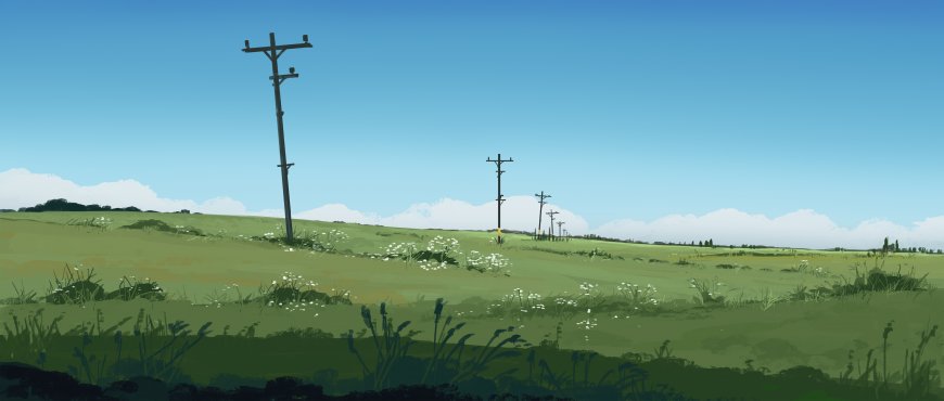 绿野电线杆延展青蓝风景插画电脑壁纸
