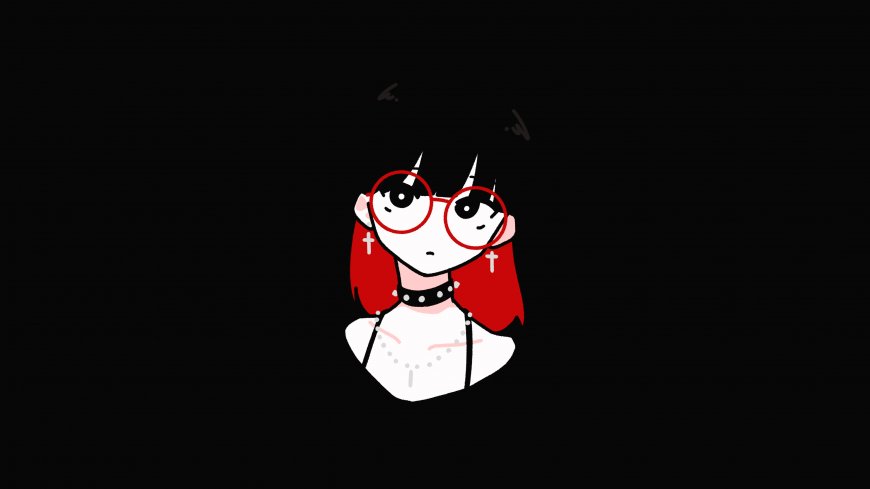 红发戴红框眼镜少女黑底动漫电脑壁纸