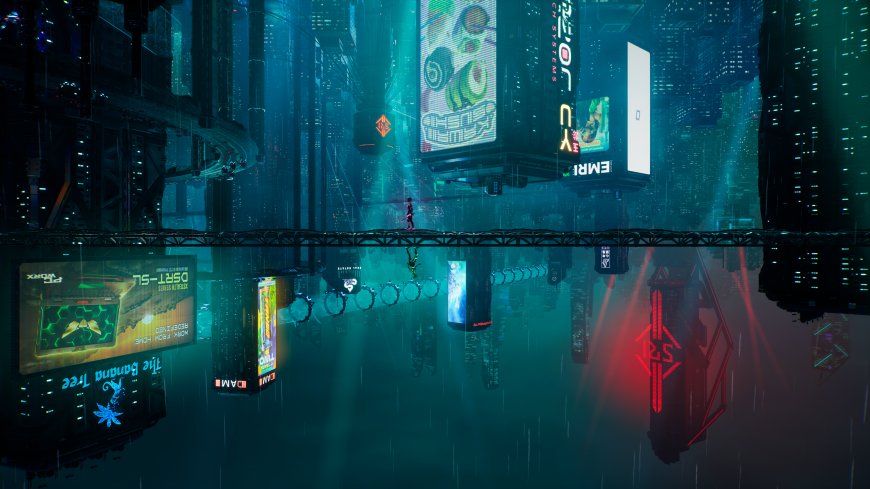 赛博朋克雨夜都市霓虹倒影暗蓝科幻电脑壁纸