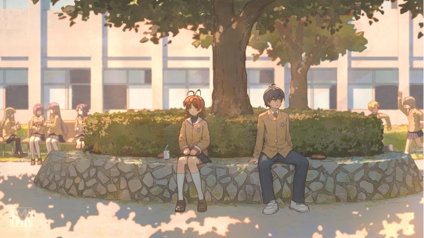 校园树荫下少男少女并坐暖金动漫电脑壁纸