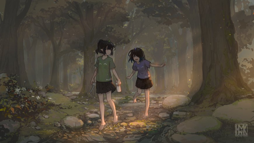 森林溪流双少女赤足涉水暖灰动漫电脑壁纸