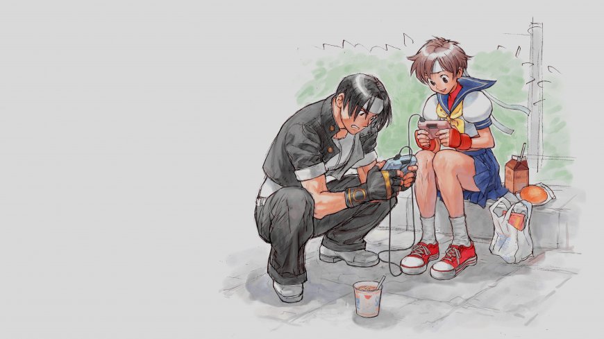 街头少年少女共玩掌机灰绿动漫电脑壁纸