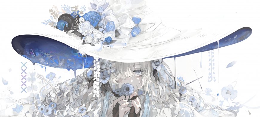 蓝花少女宽檐帽梦幻蓝白动漫电脑壁纸