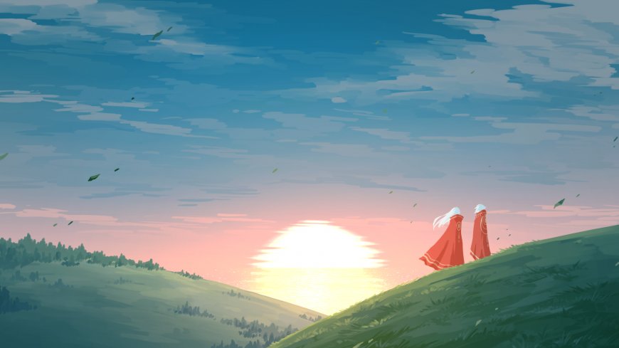 红衣少女夕阳山坡粉紫风景治愈插画电脑壁纸