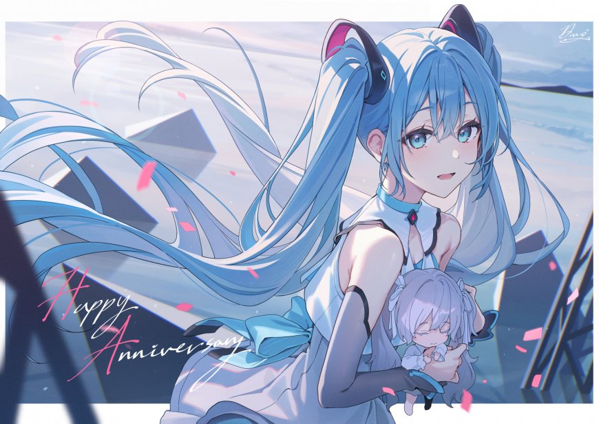 初音未来蓝发双马尾抱小人偶粉动漫电脑壁纸