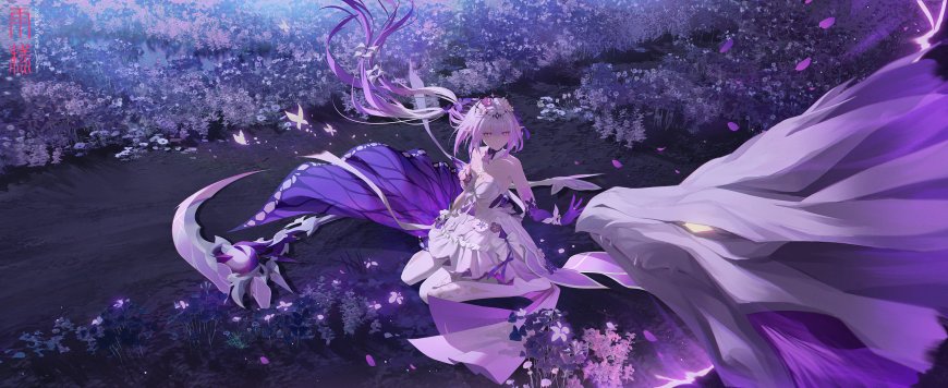 紫发少女蝶翼长裙梦幻紫动漫电脑壁纸