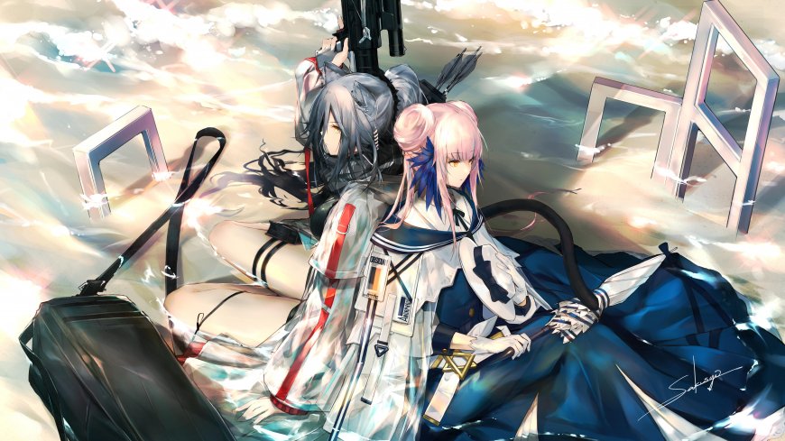 明日方舟黑与铃兰双少女持武器光影插画动漫电脑壁纸