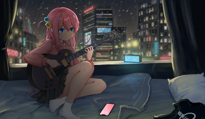 孤独摇滚后藤一里雨夜窗边弹吉他忧郁人物动漫壁纸