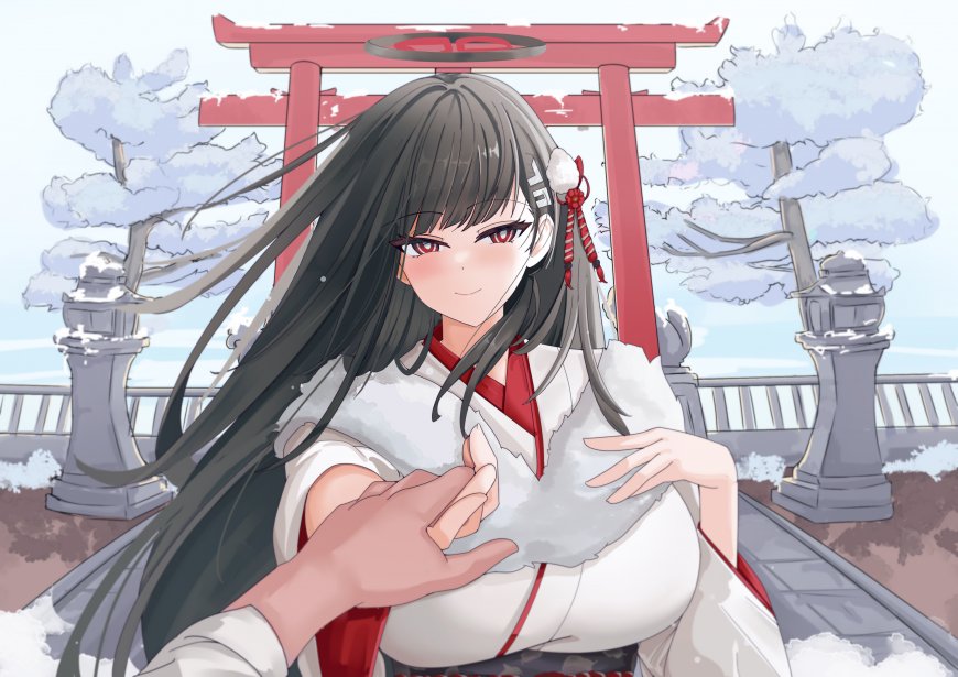 巫女少女雪中神社红白动漫电脑壁纸