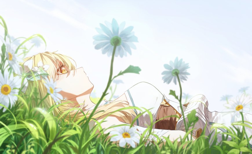 金发少女躺卧花丛青白花卉动漫电脑壁纸