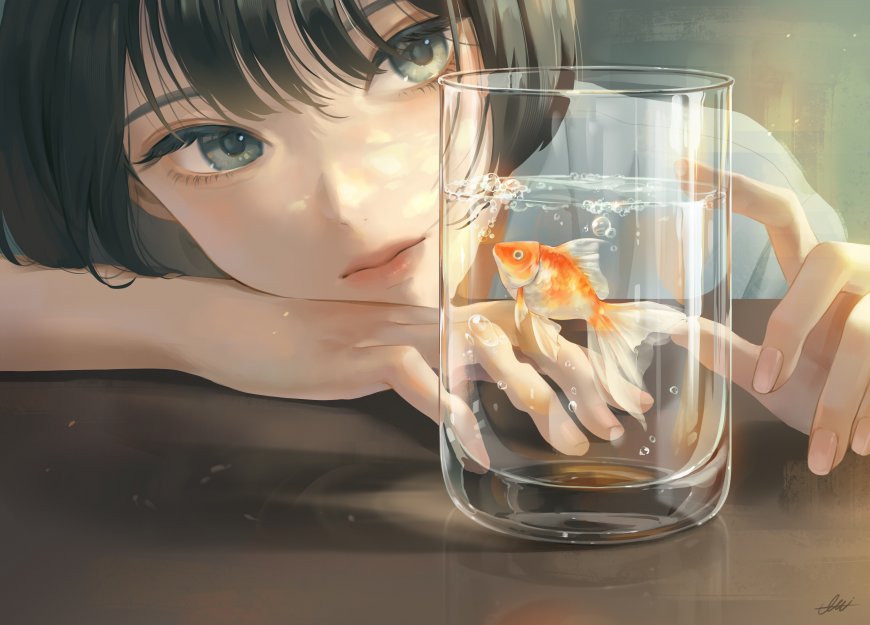 短发蓝眼少女凝视金鱼杯暖光动漫电脑壁纸