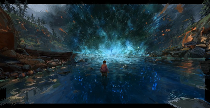 少年神秘峡谷蓝光爆发奇幻风景插画电脑壁纸