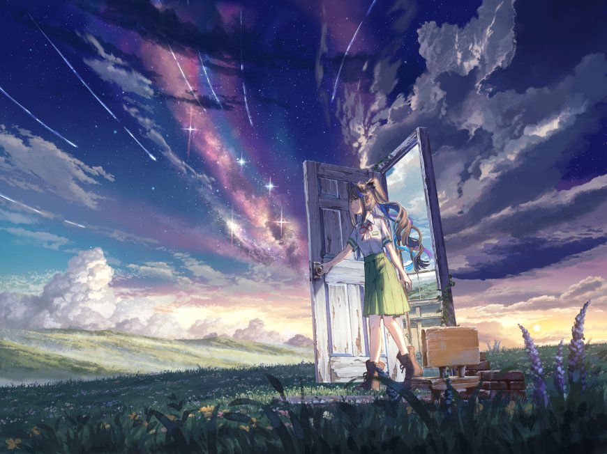 星空门扉少女仰望紫蓝梦幻动漫电脑壁纸