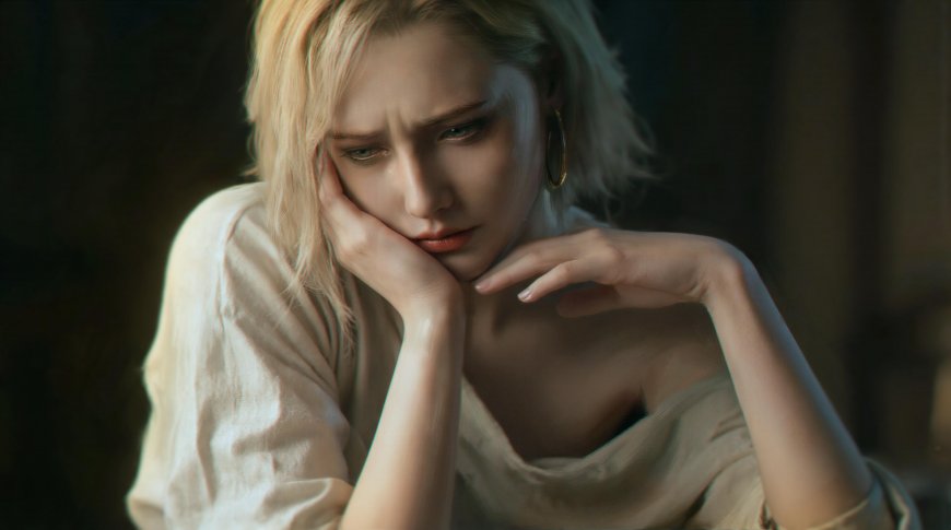 金发少女托腮凝思暖棕人物绘画电脑壁纸