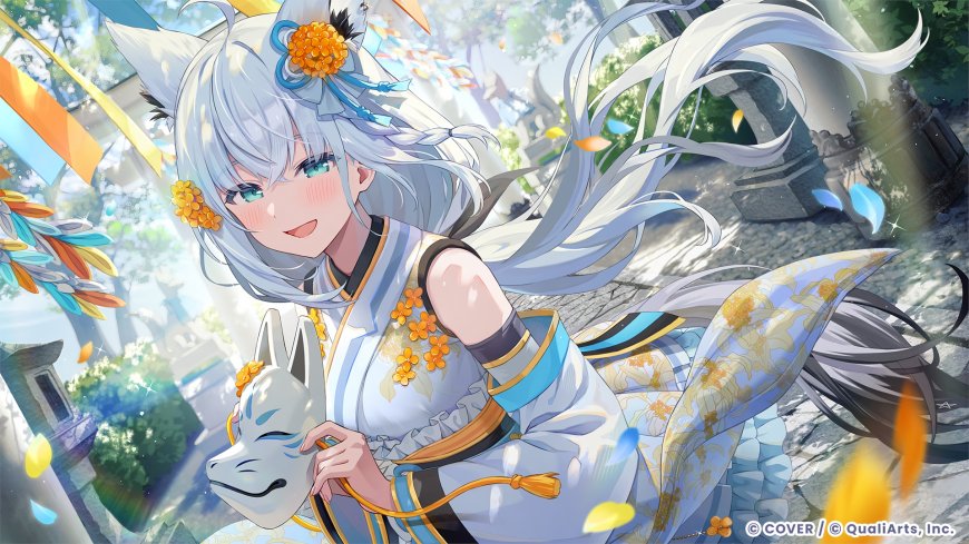 白发狐耳少女持面具橙花和风动漫电脑壁纸