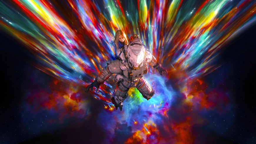 宇航员携少女穿越星云彩虹太空科幻电脑壁纸