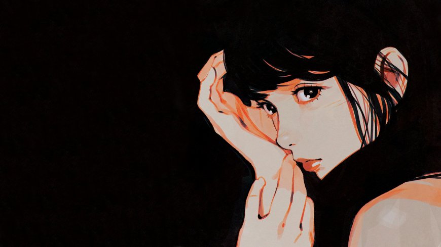 黑发少女托腮凝视暗橙动漫电脑壁纸