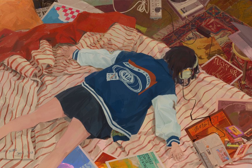 少女躺卧条纹床单戴耳机蓝白校创意绘画电脑壁纸