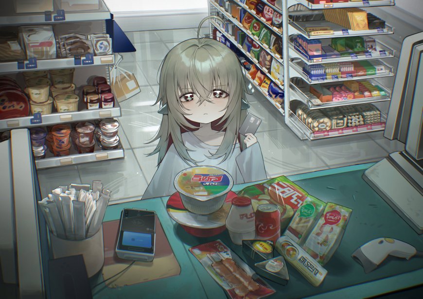 便利店少女银发持卡青灰动漫电脑壁纸