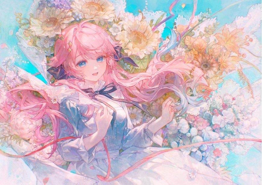 粉发蓝眼少女花海环绕粉蓝唯美动漫电脑壁纸