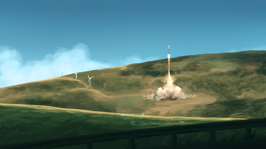 火箭发射升空烟雾弥漫青绿山丘插画电脑壁纸