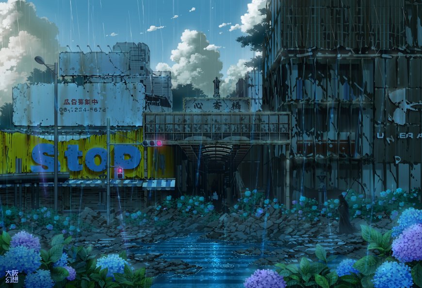 废墟街道雨中蓝紫绣球花青灰城市二次元动漫电脑壁纸