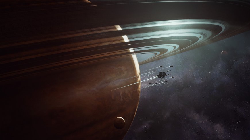 土星环飞船穿越暗紫太空科幻电脑壁纸