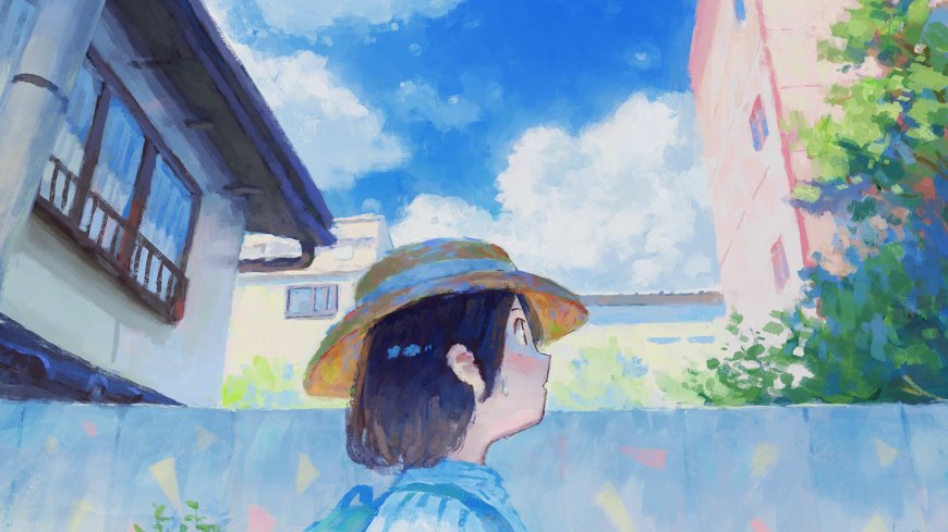 戴草帽少女仰望蓝天蓝白动漫电脑壁纸