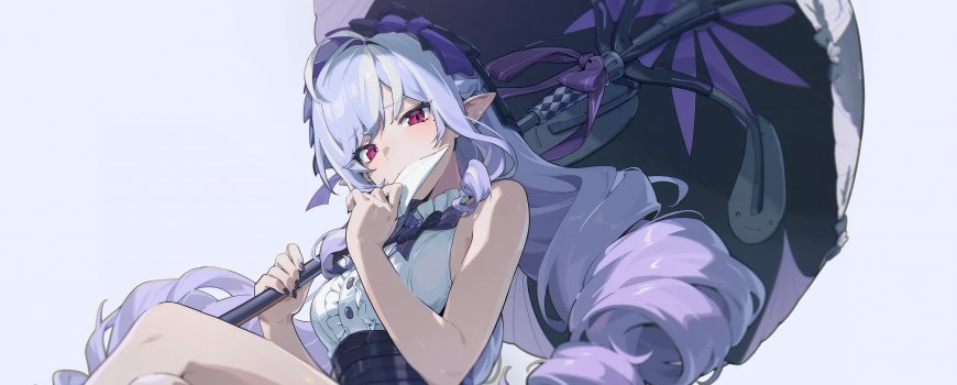 银发紫瞳精灵少女持伞紫白动漫电脑壁纸