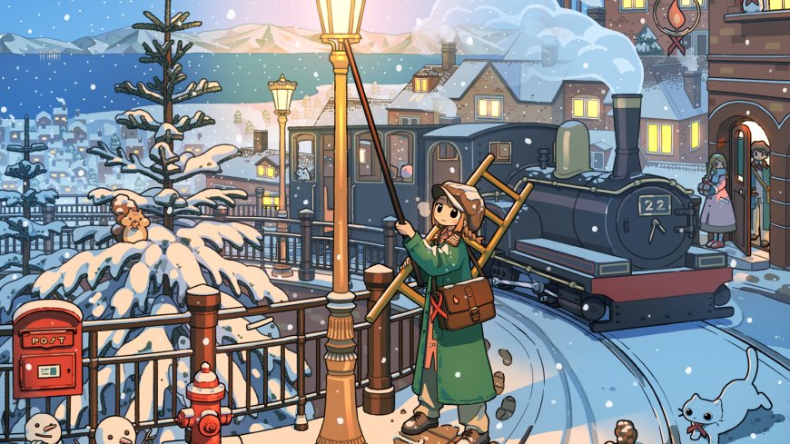雪夜小镇少女持梯修灯暖金动漫电脑壁纸
