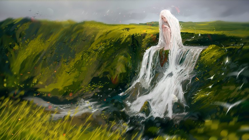 白发少女瀑布倾泻绿野飞鸟奇幻插画电脑壁纸