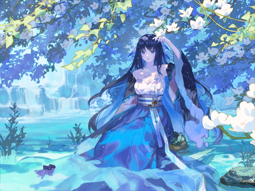 蓝裙少女溪边抚花蓝紫唯美动漫电脑壁纸