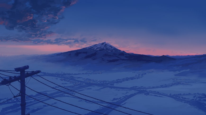 雪山小镇暮色蓝紫高清风景插画动漫电脑壁纸