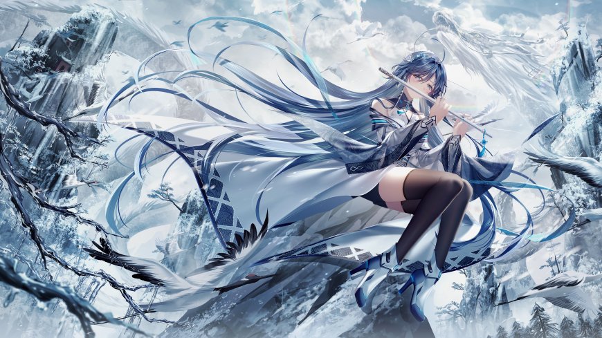 蓝发少女吹笛雪境飞鸟蓝白动漫电脑壁纸