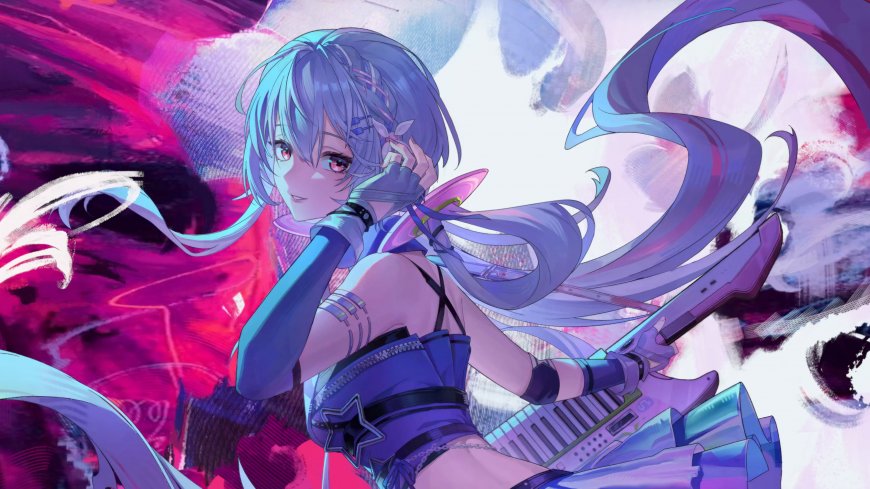 初音未来蓝发紫衣粉紫动漫电脑壁纸