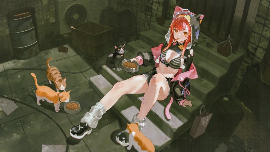 红发猫耳少女巷弄喂猫插画动漫电脑壁纸
