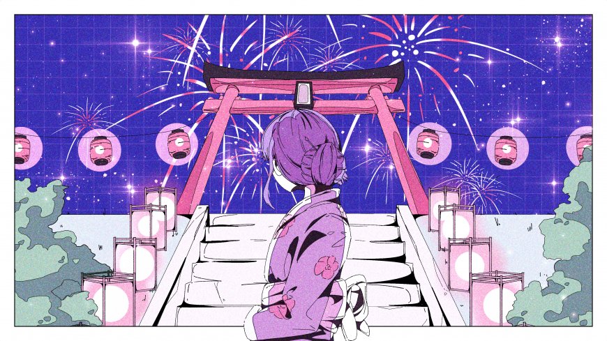 VocaloidGUMI和服鸟居烟花夜少女动漫电脑壁纸