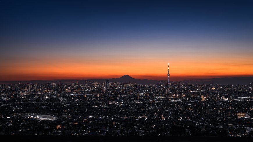 东京夜景富士山剪影橙蓝城市建筑电脑壁纸