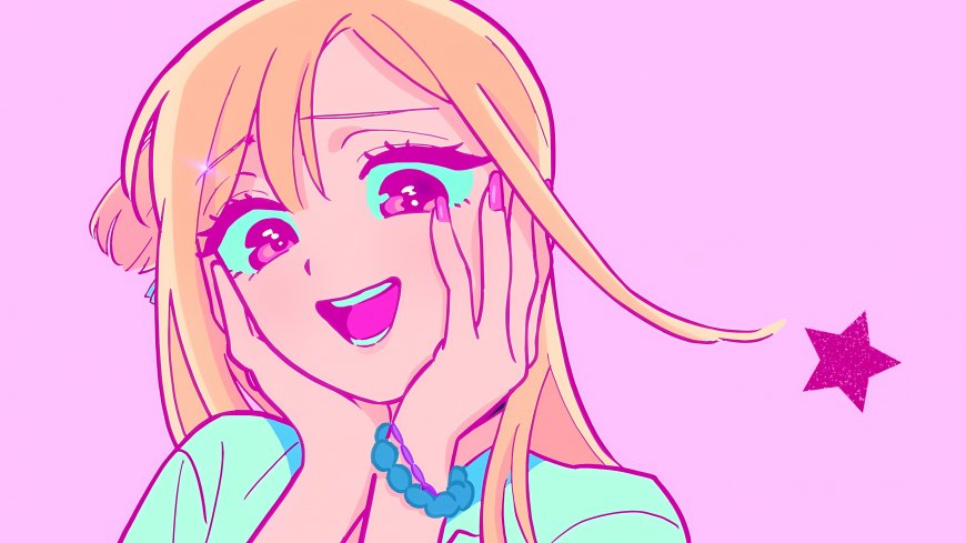 金发少女捂脸笑颜粉紫动漫电脑壁纸