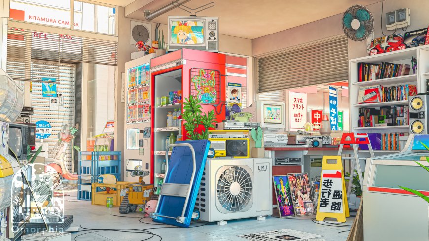 复古电器店杂货铺暖橙动漫电脑壁纸