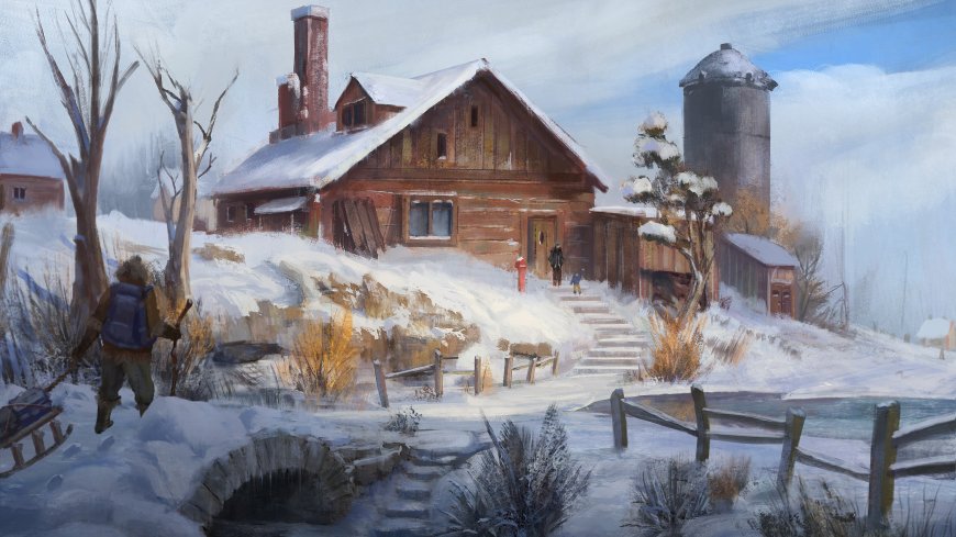 雪中木屋农舍小径冬景蓝白风景插画电脑壁纸
