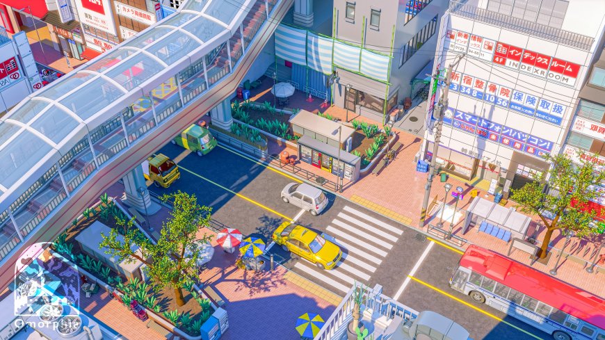 城市街景高架天桥日系清新蓝白建筑插画电脑壁纸