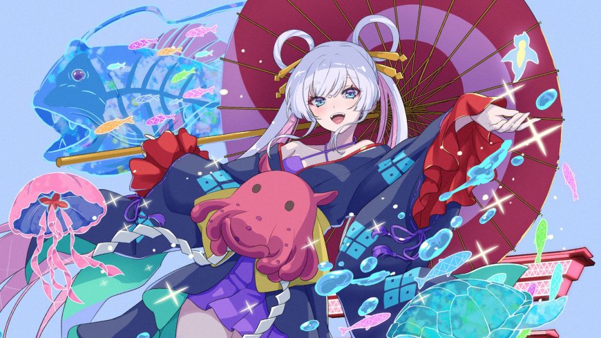 阴阳师千姬红伞海洋生物环绕少女动漫电脑壁纸